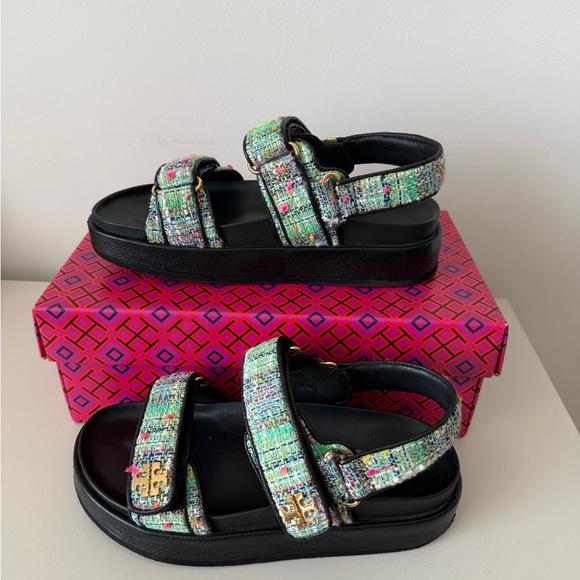 Tory Burch Shoes - Tory Burch Tweed Platform Sandals in Mint Multi and Black